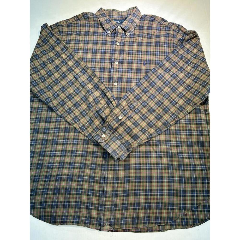 Ralph Lauren Button Down Men's 2XL Brown Plaid 100% Cotton Pony Casual Top